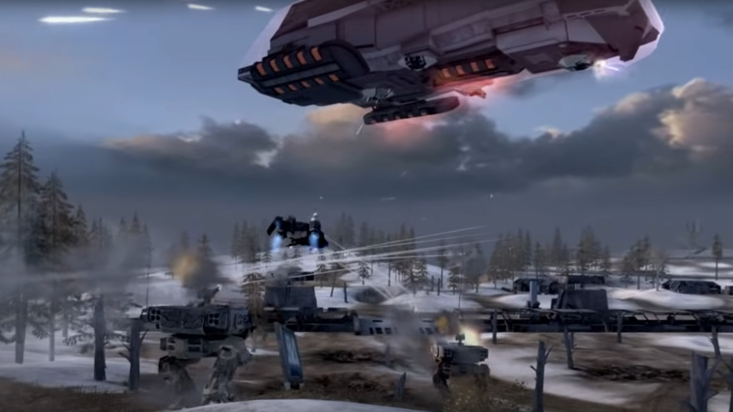 A massive Titan warship hovering over a frozen Battlefield 2142 battlefield.